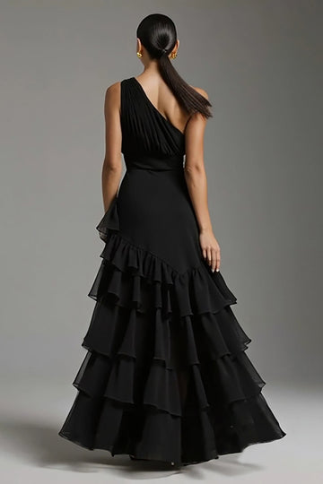 Noir A Ligne Tiered One Shoulder Maxi Robe Formelle avec Fente